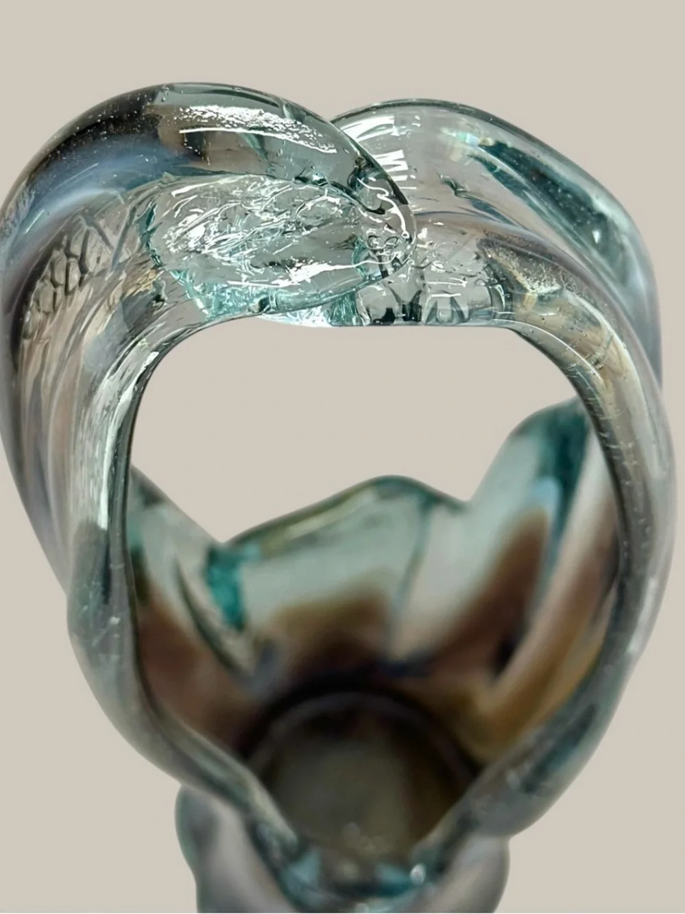 Murano Style Hand Blown Art Glass Basket Vase Blue Gray Swirl Controlled Bubble